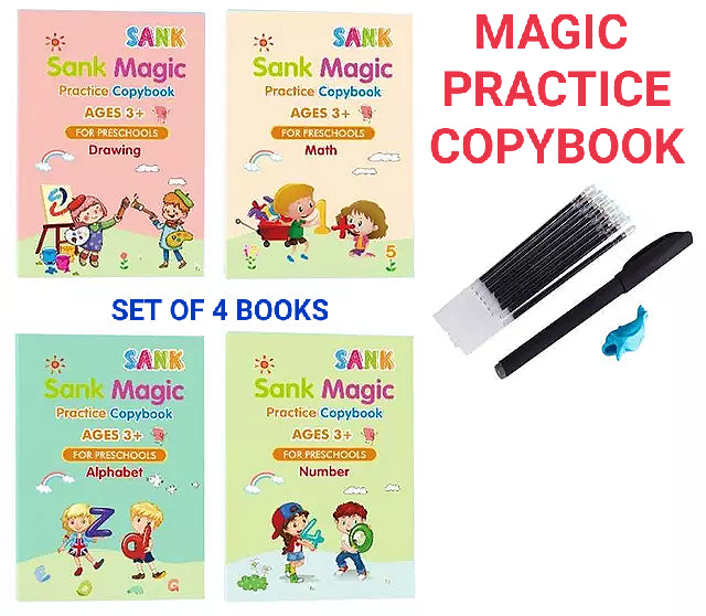 🪄✨ Magical Handwriting Practice Kit ✍️📚 – 4 Reusable Books + Magic Pen + Grip + 10 Refills ✨🧠